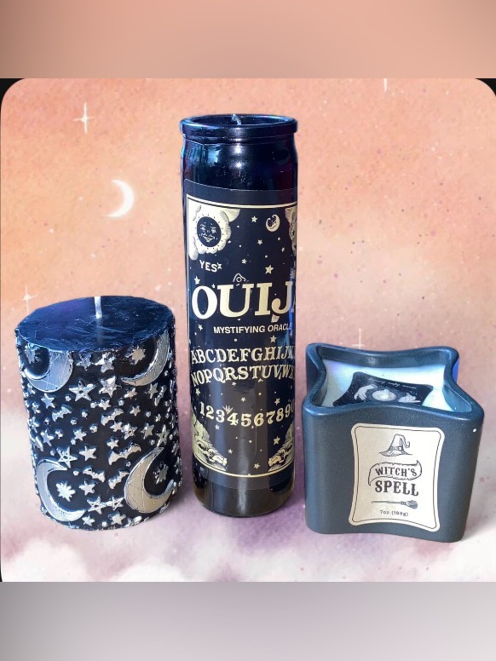 3pc Gothic Witchy Candle Lot -Ouija Board, Witch's Spell, Celestial Moon | 3-8”